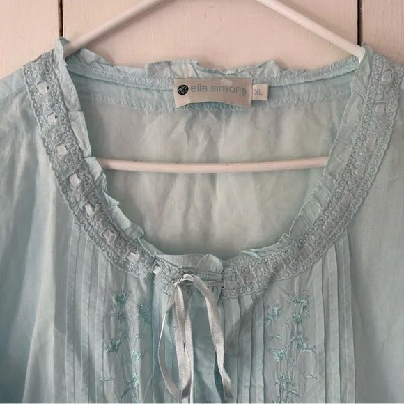 Ella Simone Cotton Pajama Set Sz XL Sky Blue NWOT Embroidered Pintuck Ribbon - Picture 5 of 16
